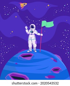 Astronaut standing on a new planet and holding flag. Discovering and exploring new planet. Cartoon vector illustration for fiction, applications, games and comics design.