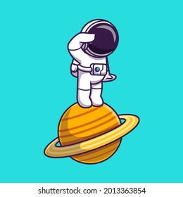 Astronaut Standing On Planet Cartoon Vector Icon Illustration. Science Technology Icon Concept Isolated Premium Vector. Flat Cartoon Style