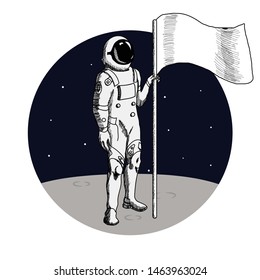 Astronaut Standing On The Planet With Flag Vector Illustration.