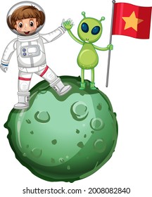 Astronaut standing on a planet and holding flag illustration