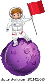 Astronaut standing on a planet and holding flag illustration