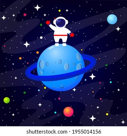 Astronaut standing on a planet in space. Vector cute cartoon illustration.