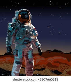 Astronaut standing on a red planet surface with stars in the background