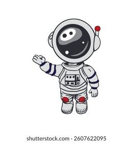 Astronaut standing in spacesuit with raised hand. Hand drawn vector illustration. For Cosmonautics Day cards, invitations, wallpapers, posters, covers, banners.