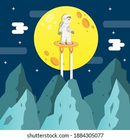 Astronaut standing in surfboard traveling above mountain in some planet cartoon vector