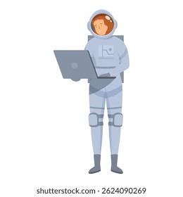 Astronaut is standing and using a laptop, showcasing the intersection of space travel and modern technology