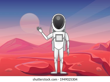 astronaut standing and waving on planet mars 