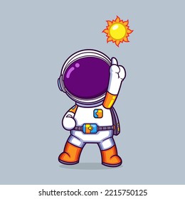 The astronaut is standing while pointing up to the little sun in the sky of illustration