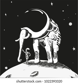 The astronaut stands beside the elephant in the spacesuit on the moon against the starry sky. Vector drawing.