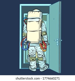 astronaut stands in front of an open door. New discoveries. Pop art retro vector illustration kitsch vintage 50s 60s style