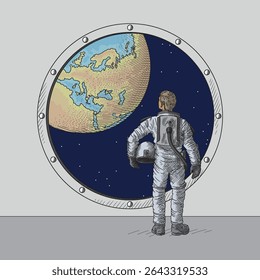 An astronaut stands near a porthole, holds a helmet in his hands and looks at planet Earth