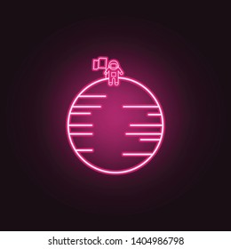 Astronaut stands on the moon with a flag neon icon. Elements of Space set. Simple icon for websites, web design, mobile app, info graphics