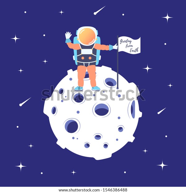 Astronaut\
stands on the moon with a flag. Landing on the satellite. Lunar\
mission. Space excursion. Star space.\
Vector