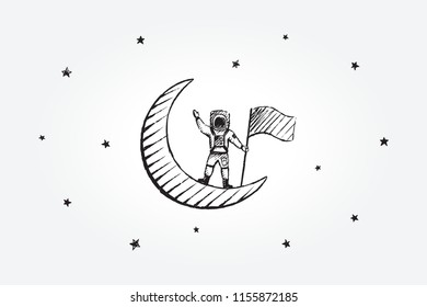 Astronaut stands on the moon and holds a flag in his hand. Vector concept sketch, hand drawn illustration.