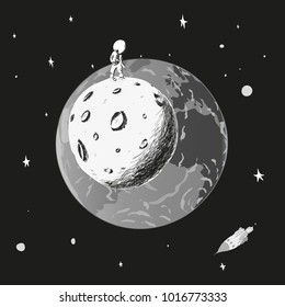 The astronaut stands on the moon and looks at the Earth. Monochrome. Vector drawing.