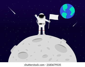 An astronaut stands on the moon. An astronaut in a suit and a flag in his hands. Planet earth in the background. Bright starry sky and falling comets. Vector illustration. EPS 10