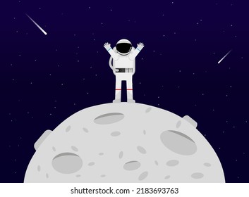 An astronaut stands on the moon. An astronaut in a suit and. Bright starry sky and falling comets.The traveler waves his hands. Vector illustration. EPS 10