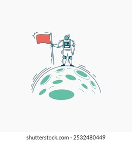 An astronaut stands on a moon-like planet, planting a red flag on the surface.