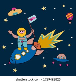Un astronauta sobre un cohete sostiene en la mano la bandera de amor sobre el fondo del espacio.
