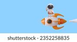 Astronaut stands on space rocket and waves his hand. Vector poster on blue background. Discoverer. Launching new project. Place for slogan, announcement, logo