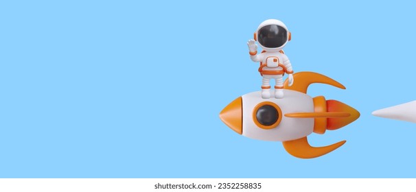 Astronaut stands on space rocket and waves his hand. Vector poster on blue background. Discoverer. Launching new project. Place for slogan, announcement, logo