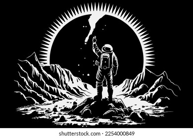 The astronaut stands on the surface of the moon and salutes on.Science theme.Vector illustration
