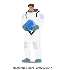 Astronaut Stands Proud, Holding Helmet In Hands, Embodying The Essence Of The Spacefaring Profession. Male Character Ready For Cosmic Exploration and Interstellar Journeys. Cartoon Vector Illustration