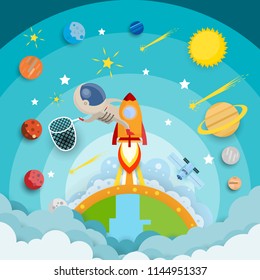 astronaut star catch riding a rocket and smoke through cloud into space and stars. flat design. Vector illustration.