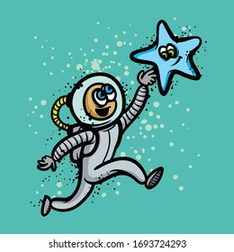 Astronaut and star. Happy spaceman character jumping high reaching for the bright blue star. Celestial object vector illustration. 