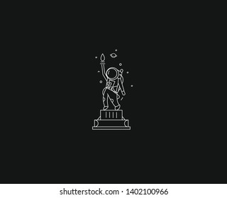Astronaut Statue of Liberty Icon, Flat Line Art Design illustration.