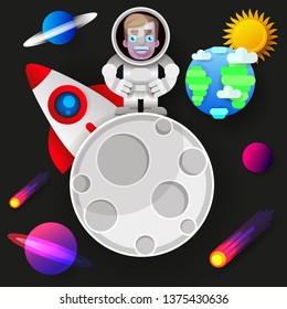 Astronaut Stay On Planet Or Moon And Welcomes Us.Vector Illustration. Funny Spaceman