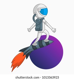 Astronaut staying on flying rocket. Outlined sticker
