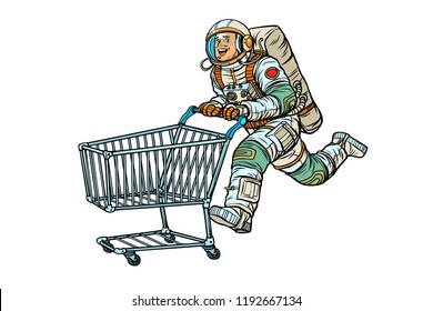 Astronaut in the store with a shopping cart. Isolate on white background. Pop art retro vector illustration vintage kitsch