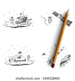 Astronauta - estudio de la superficie, estación orbital, viaje espacial, conjunto de conceptos de Vector de colonización. Dibujado a mano boceto ilustración aislada