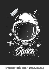 Astronaut suit art. Space illustration. Symbol of space travel, scientific research. Astronaut t-shirt design. Spaceman exploring new planets 