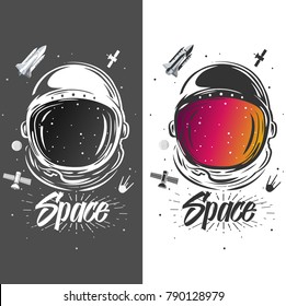 Astronaut suit art. Space illustration. Symbol of space travel, scientific research. Astronaut t-shirt design. Spaceman exploring new planets 