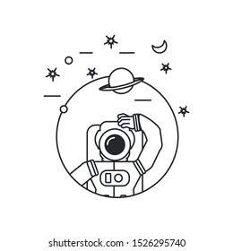 astronaut suit in frame circular with set icons vector illustration design