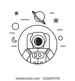 astronaut suit in frame circular with set icons vector illustration design