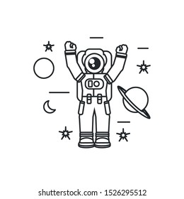 astronaut suit with hands up and set icons vector illustration design