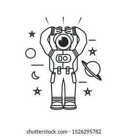 astronaut suit with hands up and set icons vector illustration design