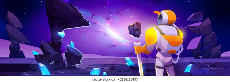 Astronaut in suit and helmet on alien planet look at blast in sky with smoke clouds and purple light. Vector cartoon illustration of cosmonaut in spacesuit and fantastic explosion in space