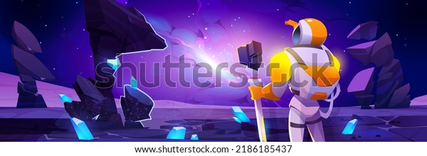 Astronaut
in suit and helmet on alien planet look at blast in sky with smoke
clouds and purple light. Vector cartoon illustration of cosmonaut
in spacesuit and fantastic explosion in
space
