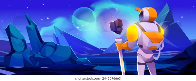 Astronaut in suit and helmet stand with back on alien planet surface with blue rock mountains and glow celestial body and light or haze in sky. Cartoon vector outer space landscape with cosmonaut.