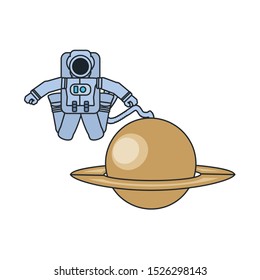 astronaut suit with hose and planet saturn vector illustration design