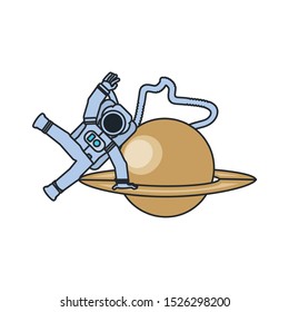 astronaut suit with hose and planet saturn vector illustration design