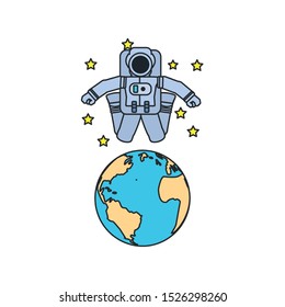 astronaut suit jumping with planet earth and set stars vector illustration design