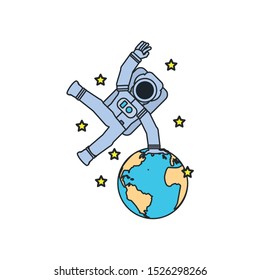 astronaut suit jumping with planet earth and set stars vector illustration design