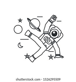 astronaut suit jumping with set icons vector illustration design