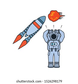 astronaut suit with rocket and explosion isolated icon vector illustration design