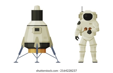 Astronaut in suit and space rover. Astronautics and space exploration technologies vector illustration